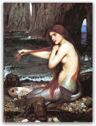 Yomcut Póster de sirena de John Williams Waterhouse, arte de pared en lienzo de sirena, arte de ilustración de océano de fantasía, arte moderno para