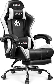 N-GEN GAMING Video Gaming Chair with Footrest Lumbar Support for Home Office High Back Recliner Height Adjustable Ergonomic Comfy Leather Computer Desk Chair (White)