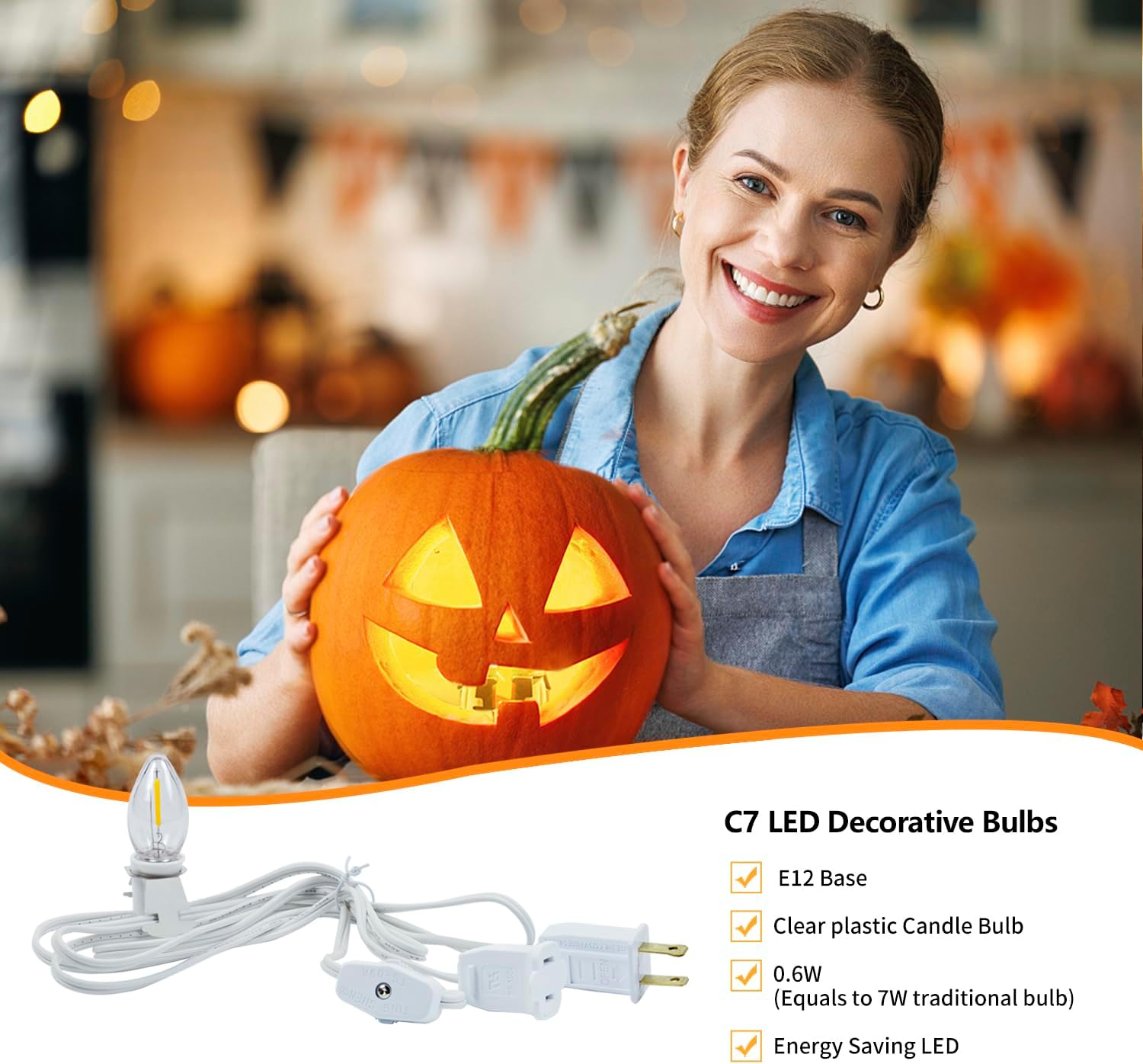 4 Pack Accessory Cord with LED Night Light Bulbs - White Cord with On/Off Switch Plugs - C7 led Bulb Warm White with Spare Fuse, for Holiday Decoration and Craft Village House Decoration