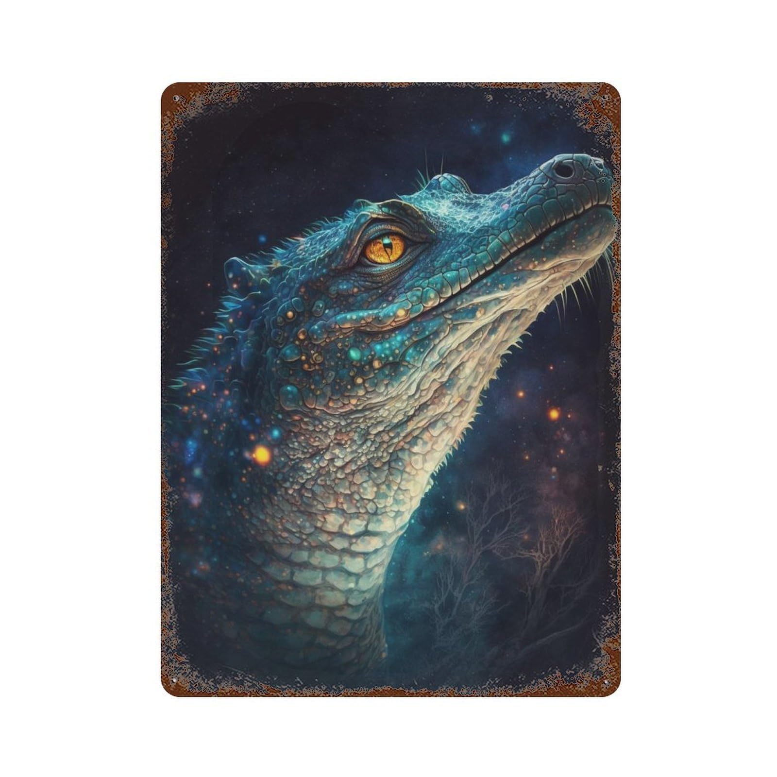 Garage Style Glowing Crocodile in Space Distressed Metal Wall Sign 15.7"x11.8", Retro Wall Decor for Bar And Workshop