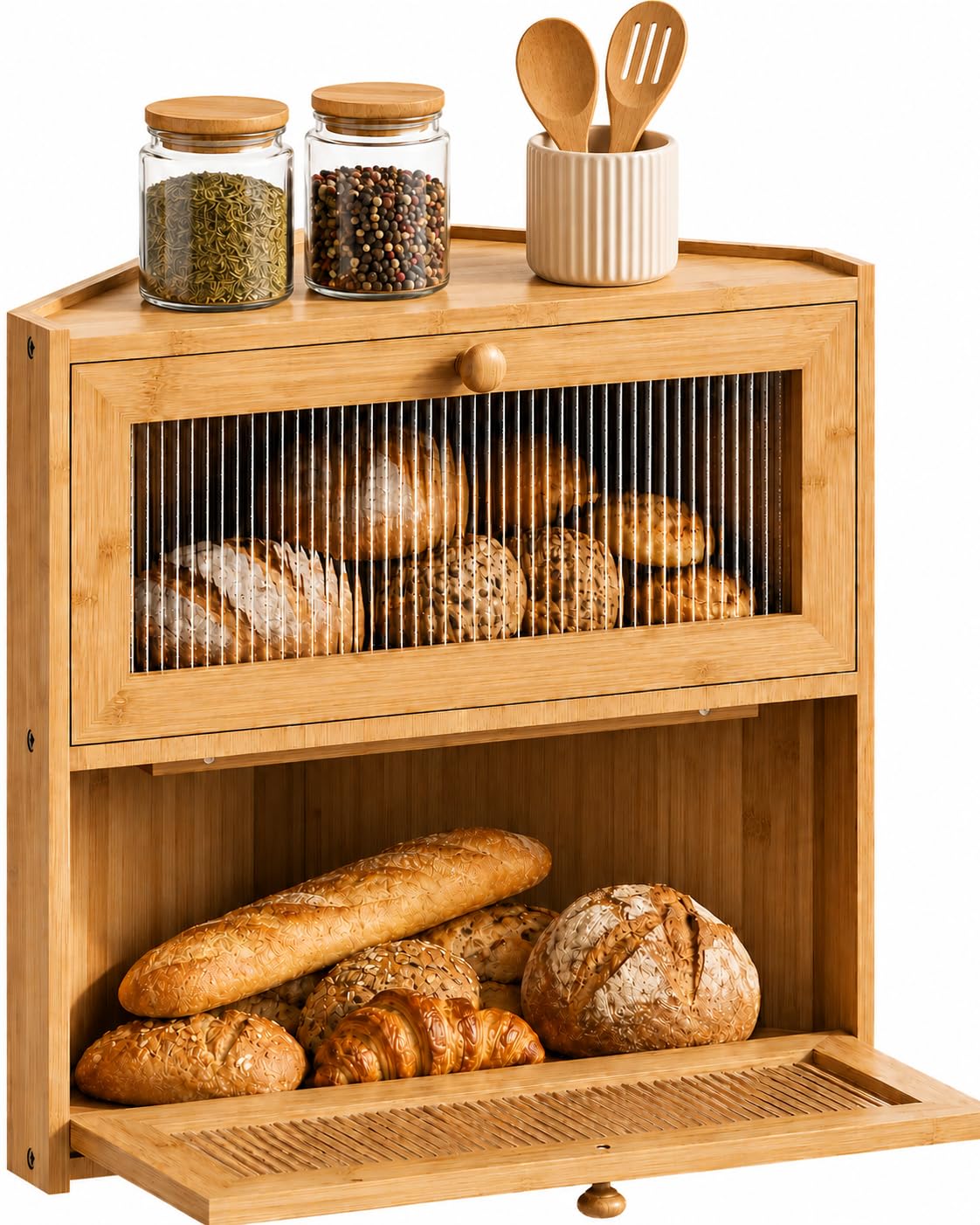 BAMBANG Panera esquinera para encimera de cocina, contenedor de almacenamiento de pan de bambú de doble capa con ventanas onduladas, panera grande de granja, soporte de madera para pan casero, natural