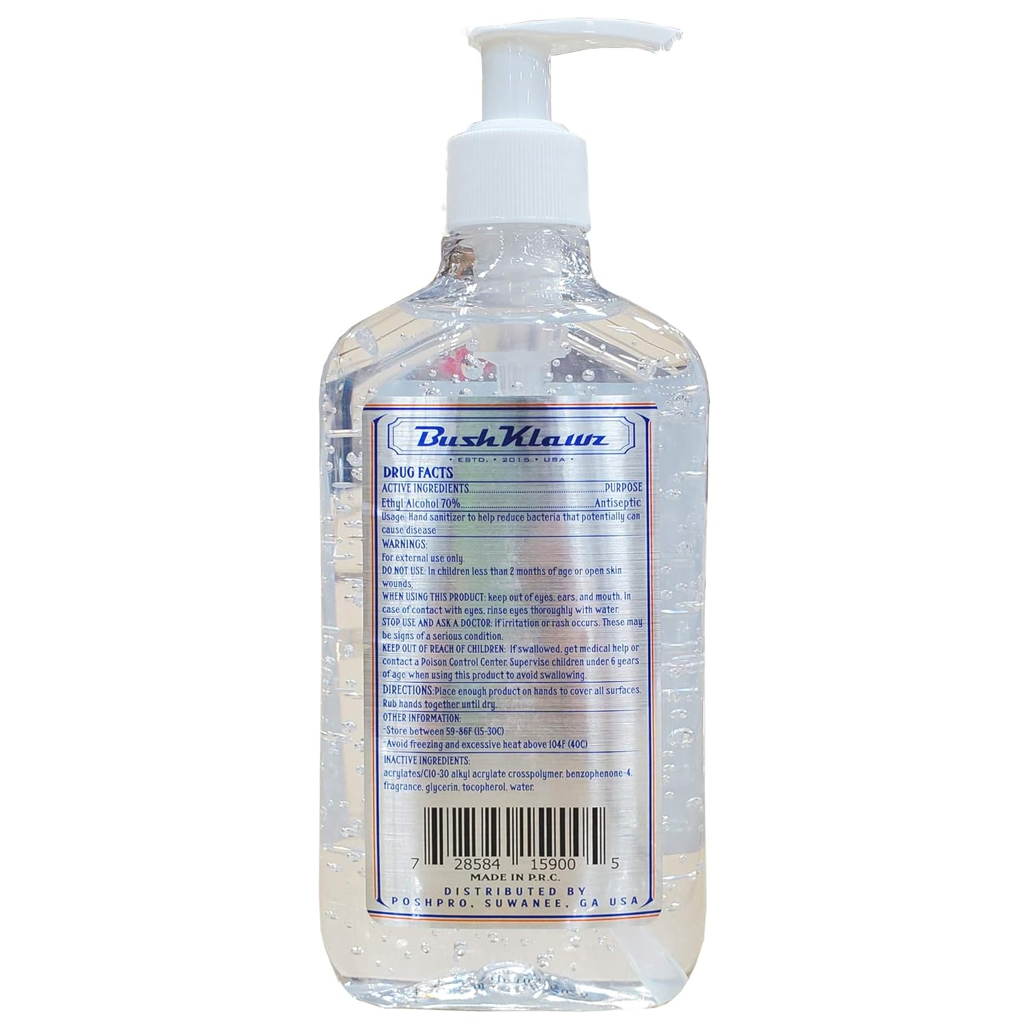 BushKlawz 70% Alcohol Hand Sanitizer Gel 10oz with Pump - No Rinse Instant Clean with No Water Needed Large Pump Bottle (12x Retail Bulk Pack) NDC-92284-001-01