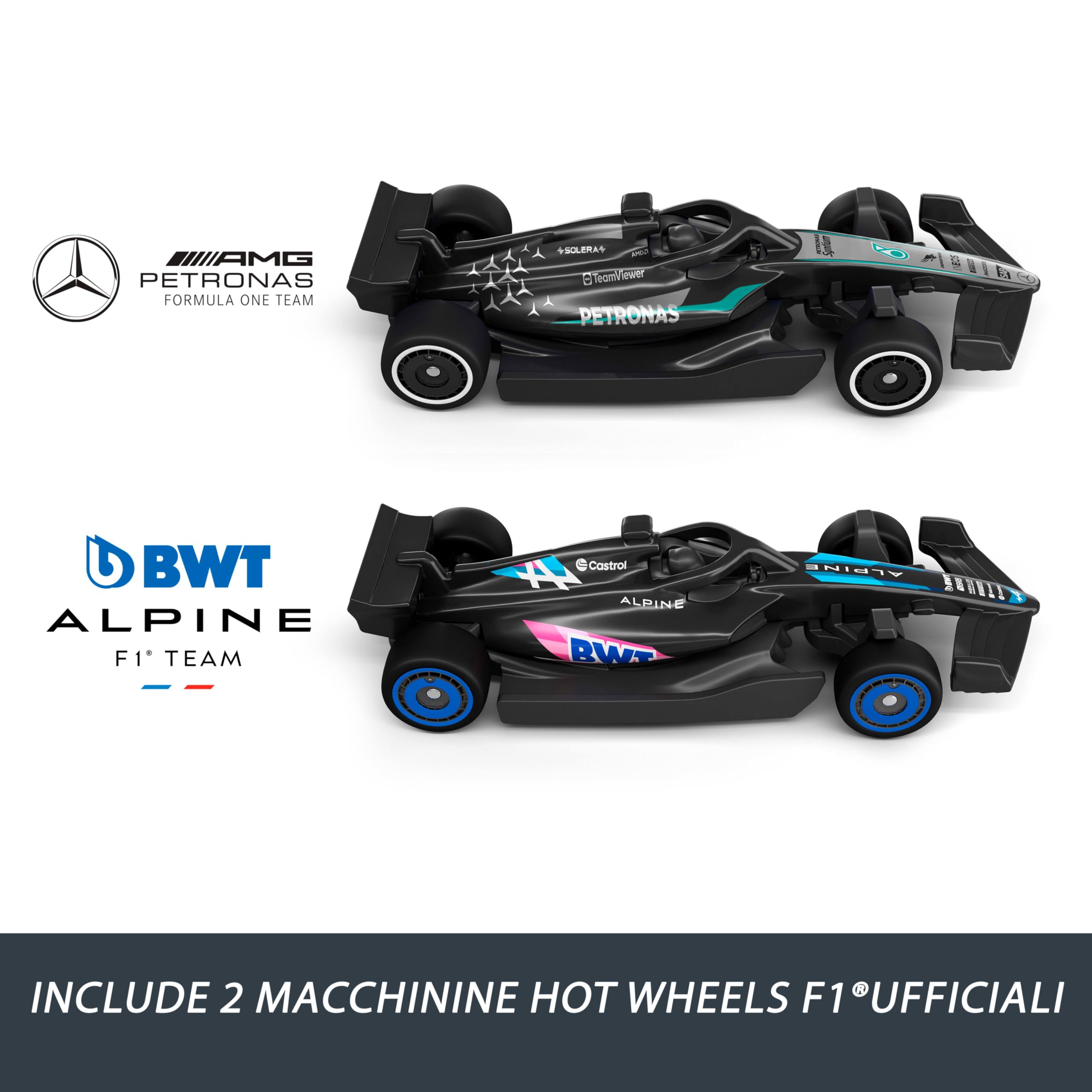 Hot Wheels Racing Formula 1 - Griglia di Partenza, set pista con 2 macchinine da F1 incluse, griglia e torre di partenza con lanciatori e bandiera a scacchi, 3+ anni, JKM88