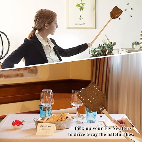 Miniatura 5 de Matamoscas de cuero resistente, matamoscas de mango largo con mango de madera de haya de 19.7 pulgadas de largo, matamoscas para interiores y