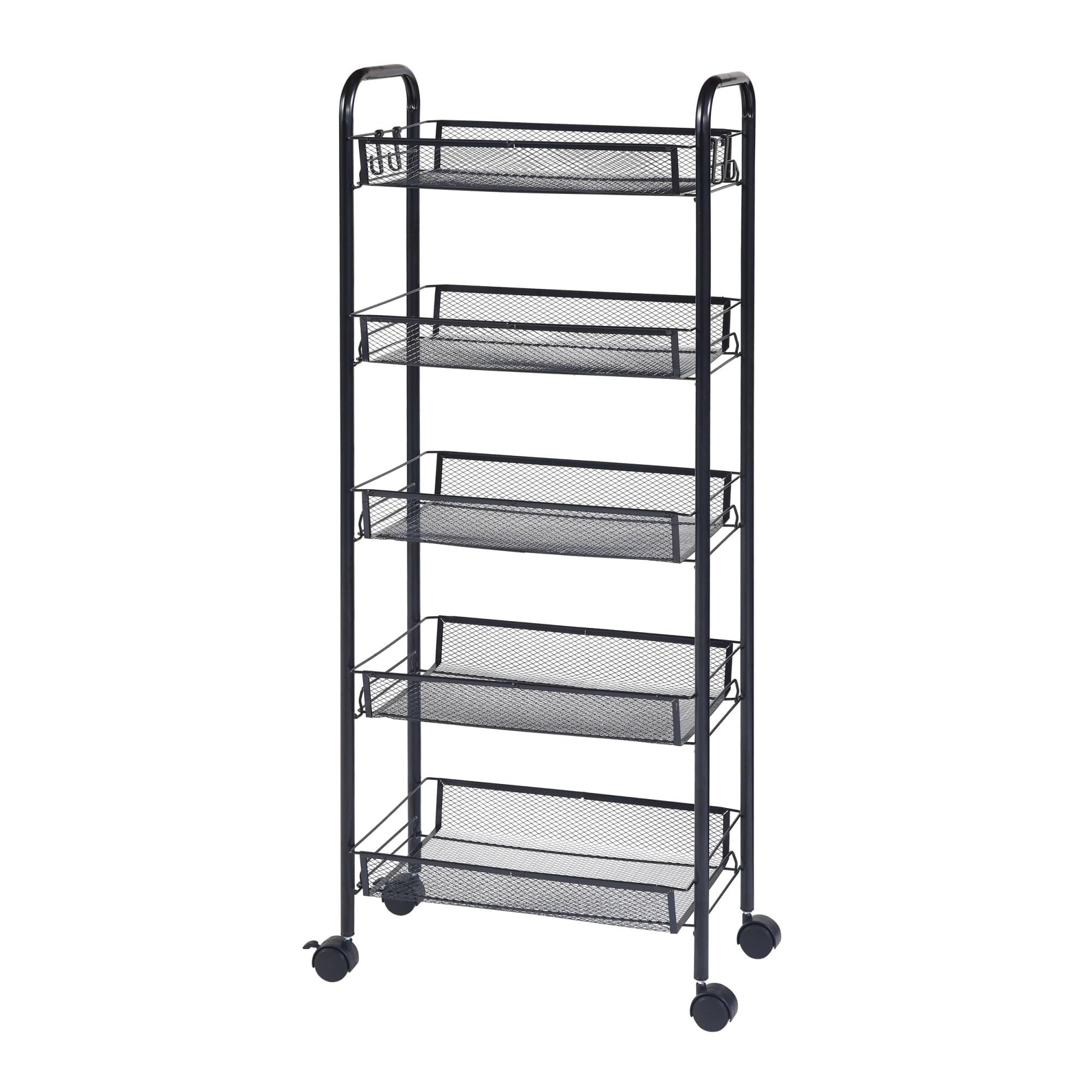 [en.casa] Carro de Servicio de 5 Niveles Verdulero con Paredes Perforadas y 5 Cestas Rectangulares Carrito de Cocina Baño con 4 Ruedas Acero 103x44x26 cm - Negro