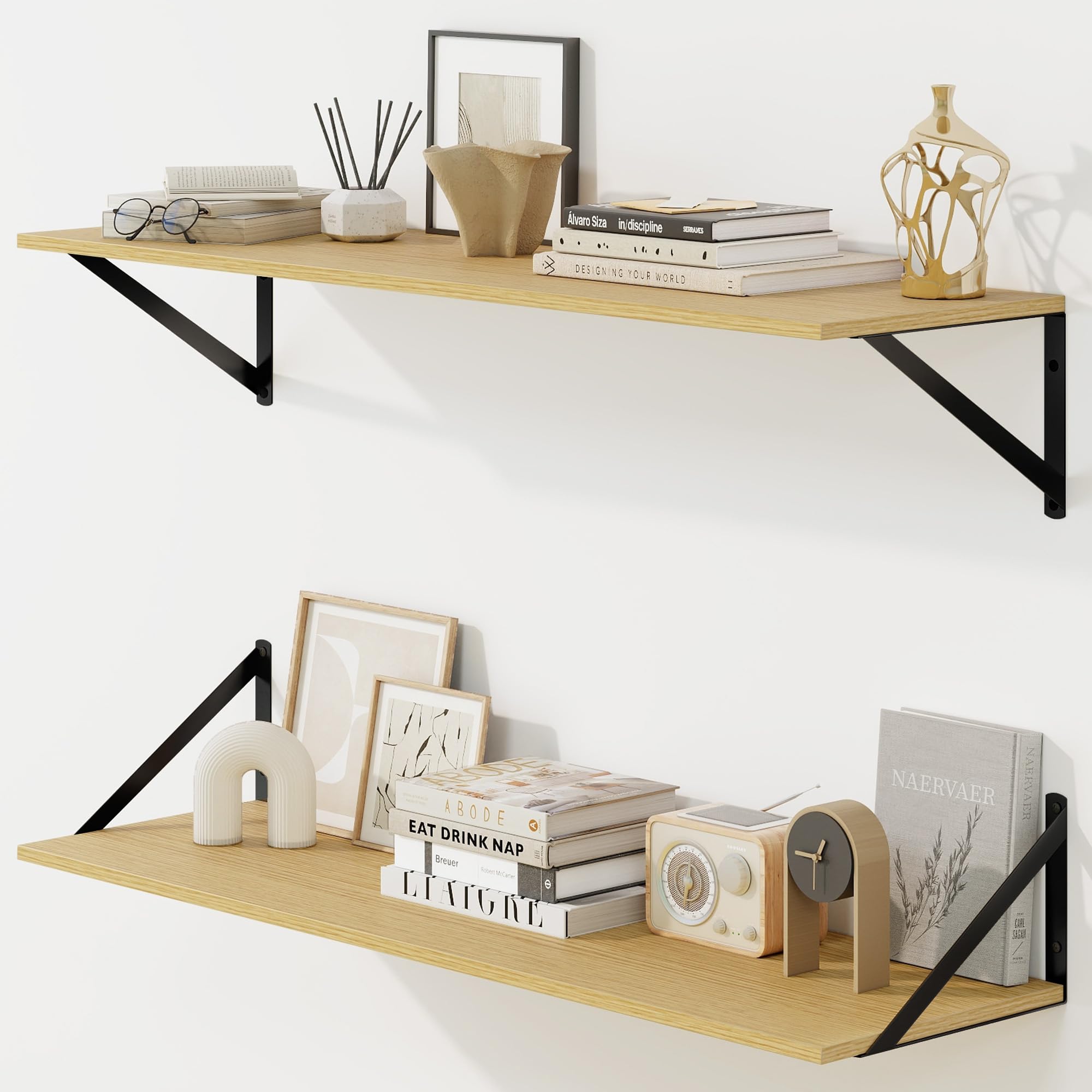 Fun Memories Deep Floating Shelves for Wall, 90 x 20 cm Wall Mounted Shelves Set of 2, Wide Display Ledge Shelf with Sturdy Metal Brackets for Living Room, Bathroom, Bedroom and Kitchen, Oak — image 1