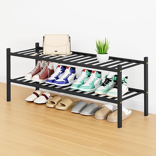 Miniatura 46 de Smiry Estante para zapatos, organizador de zapatos de bambú de 2 niveles, estante de almacenamiento de zapatos de madera apilable independiente para