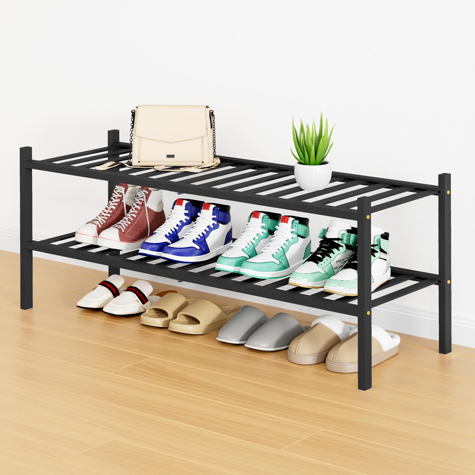 Smiry Bamboo Shoe Rack, 16 Vertical Slats, 2 Tier - 33.7" Wide, Black