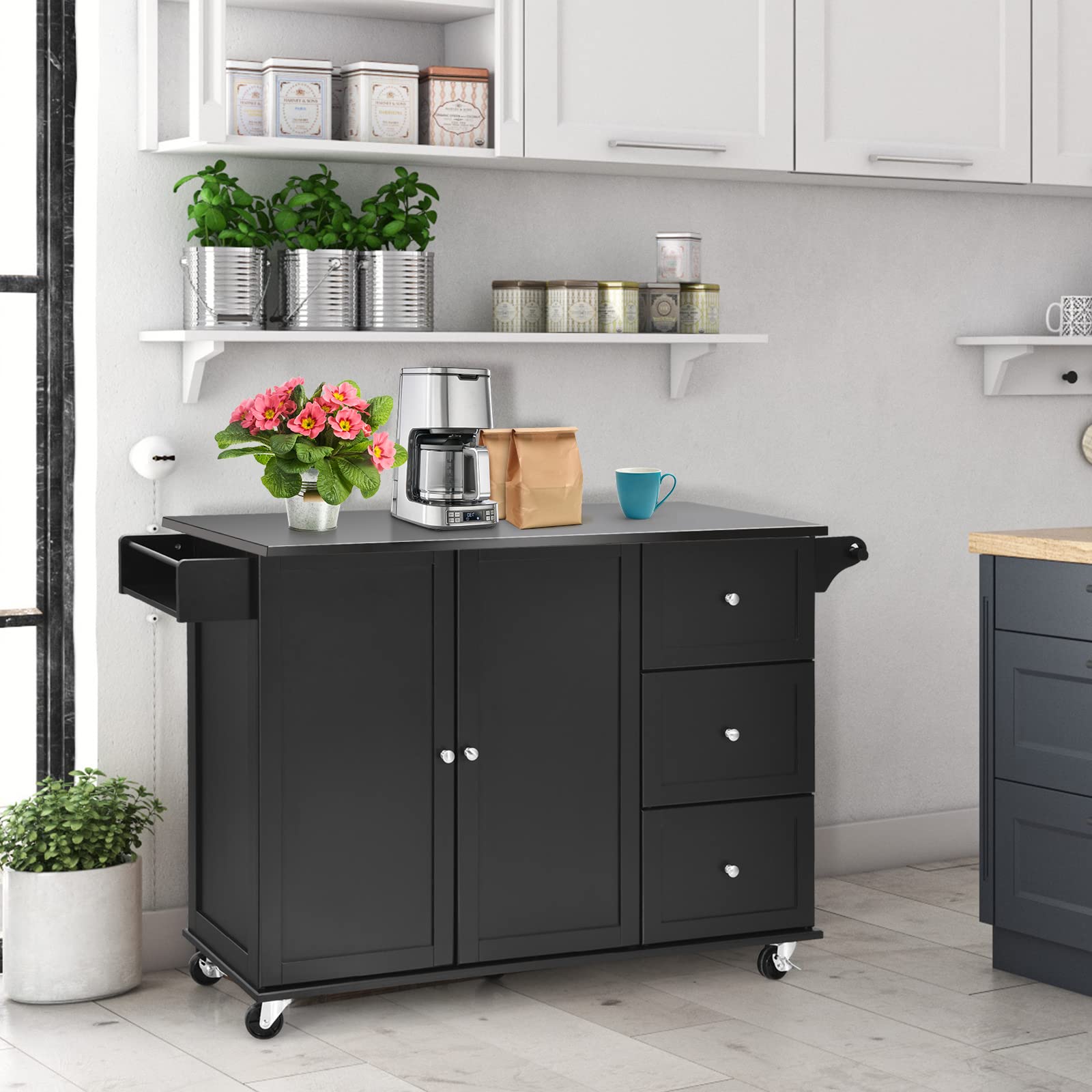 KOMFOTTEU Isola da Cucina Mobile con Piano di Lavoro in Acciaio Inox, Carrello da Cucina con 3 Cassetti & Porta Asciugamani & Ripiano Regolabile, Armadio da Cucina su Ruote, Carrello da Cucina 135 x