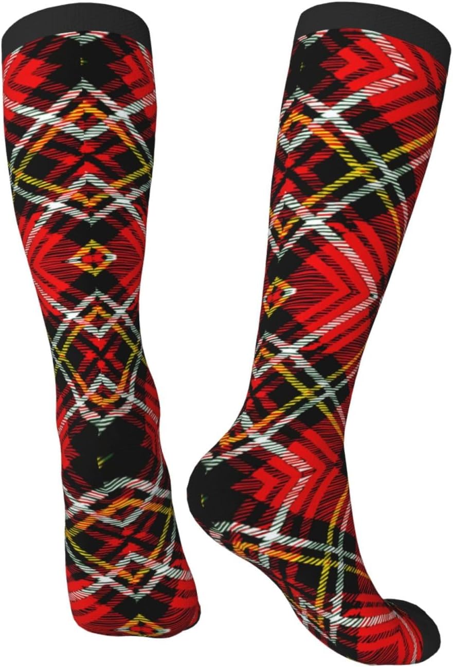 Plaid Red And Black Print Breathable Crew Neck Athletic High Socks,Suitable For Sports,Running,And Travel.