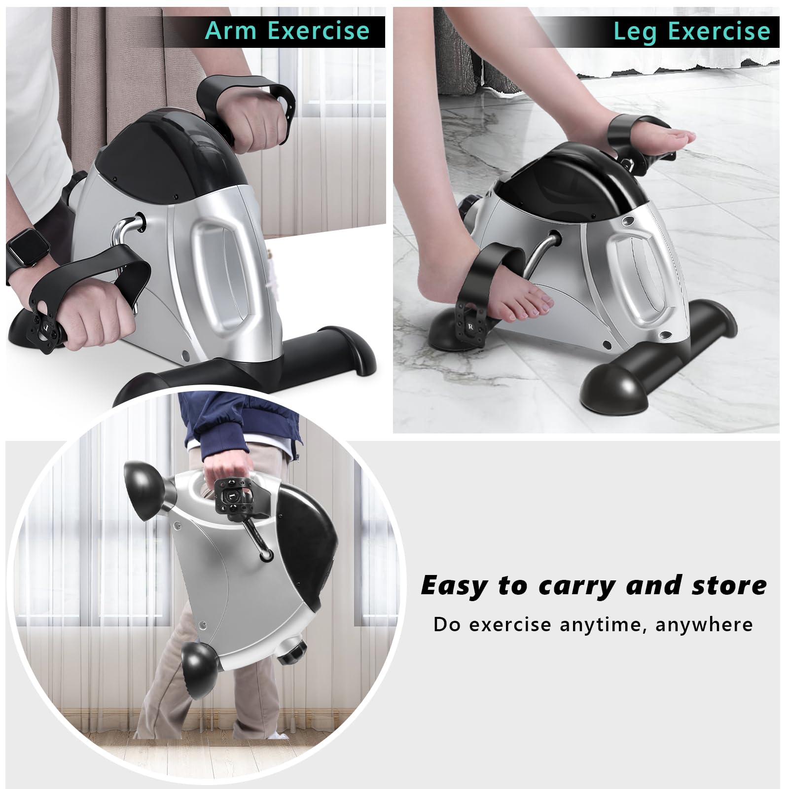 EVOLAND Mini rower treningowy, pod biurkiem, z uchwytem, regulowany opór, wyświetlacz LCD, mata antypoślizgowa, trening domowy i biurowy, trening fitness, dla kobiet i osób starszych (szary)