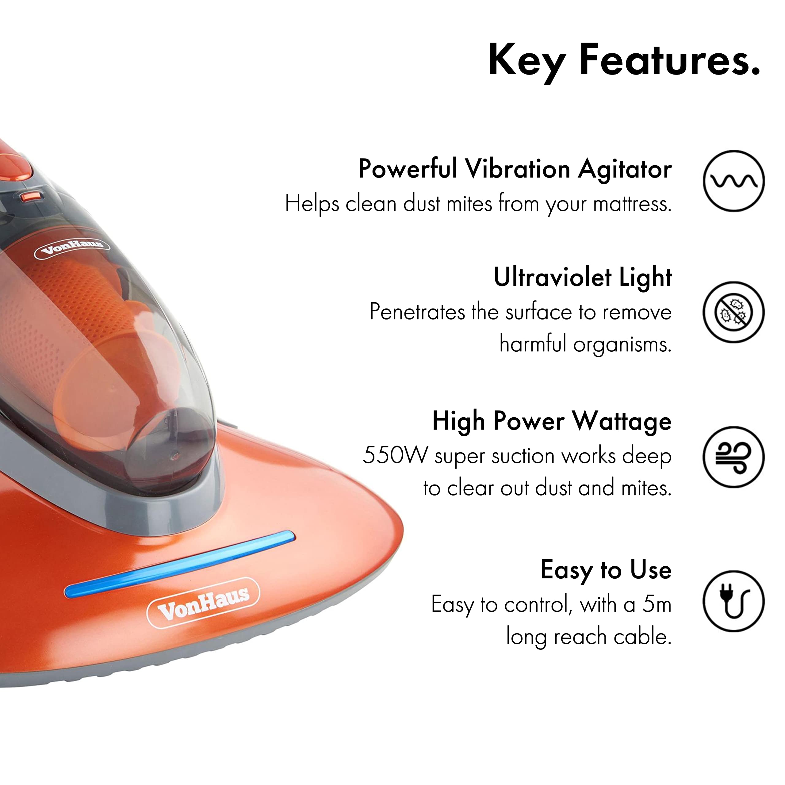 VonHaus UV Vacuum Cleaner 17Kpa Handheld Bed Vacuum Cleaner with HEPA