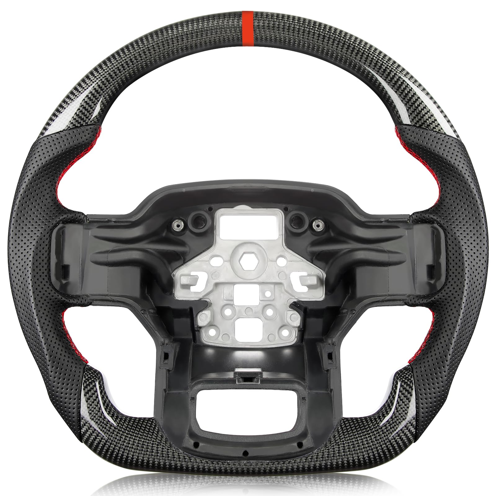 Carbon Fiber Steering Wheel for Ford F-150 2021–2024, D-Shaped Flat-Bottom, Perforated Nappa Leather Grip, Hand-Stitched, for F-150 Without Paddle Shifters Models