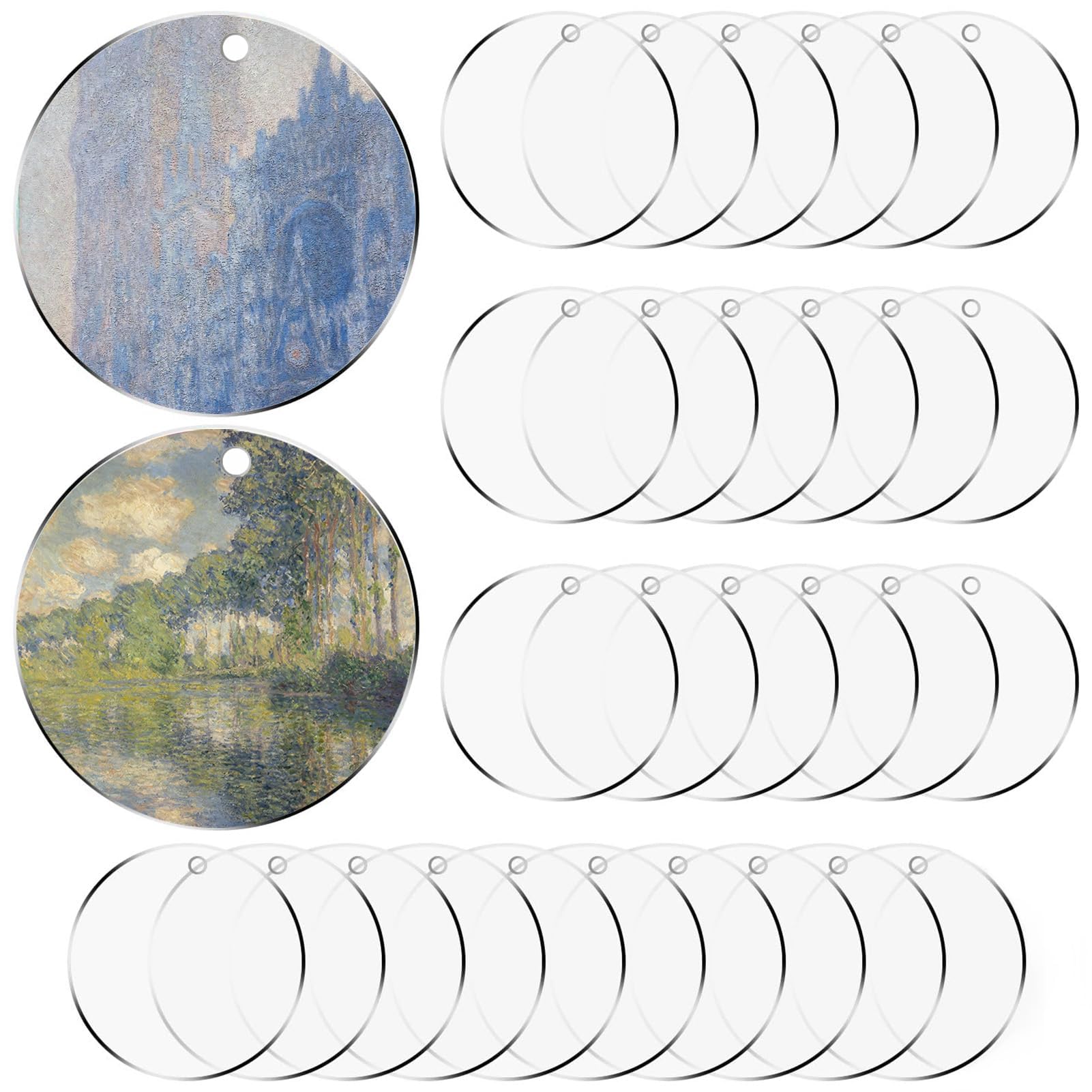 30PCS 9CM Clear Acrylic Keyring Blanks, Round Acrylic Discs with Holes for DIY Crafts, Keychain Making (Transparent)