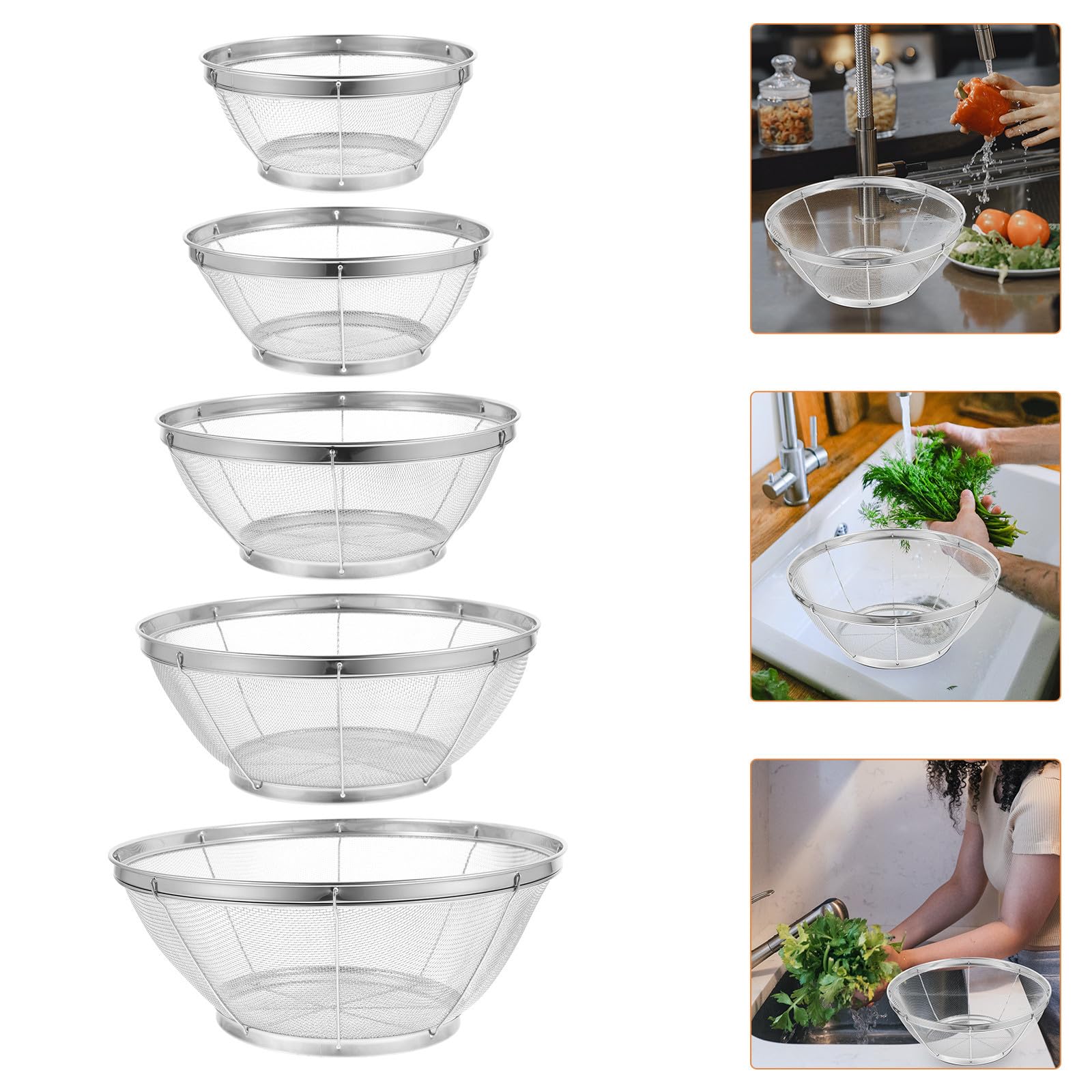 jojofuny Coladores de Cocina de Acero Inoxidable 5 Piezas Malla Fina Redonda Resistentes a Deformación para Lavar Frutas y Arroz en Cocina