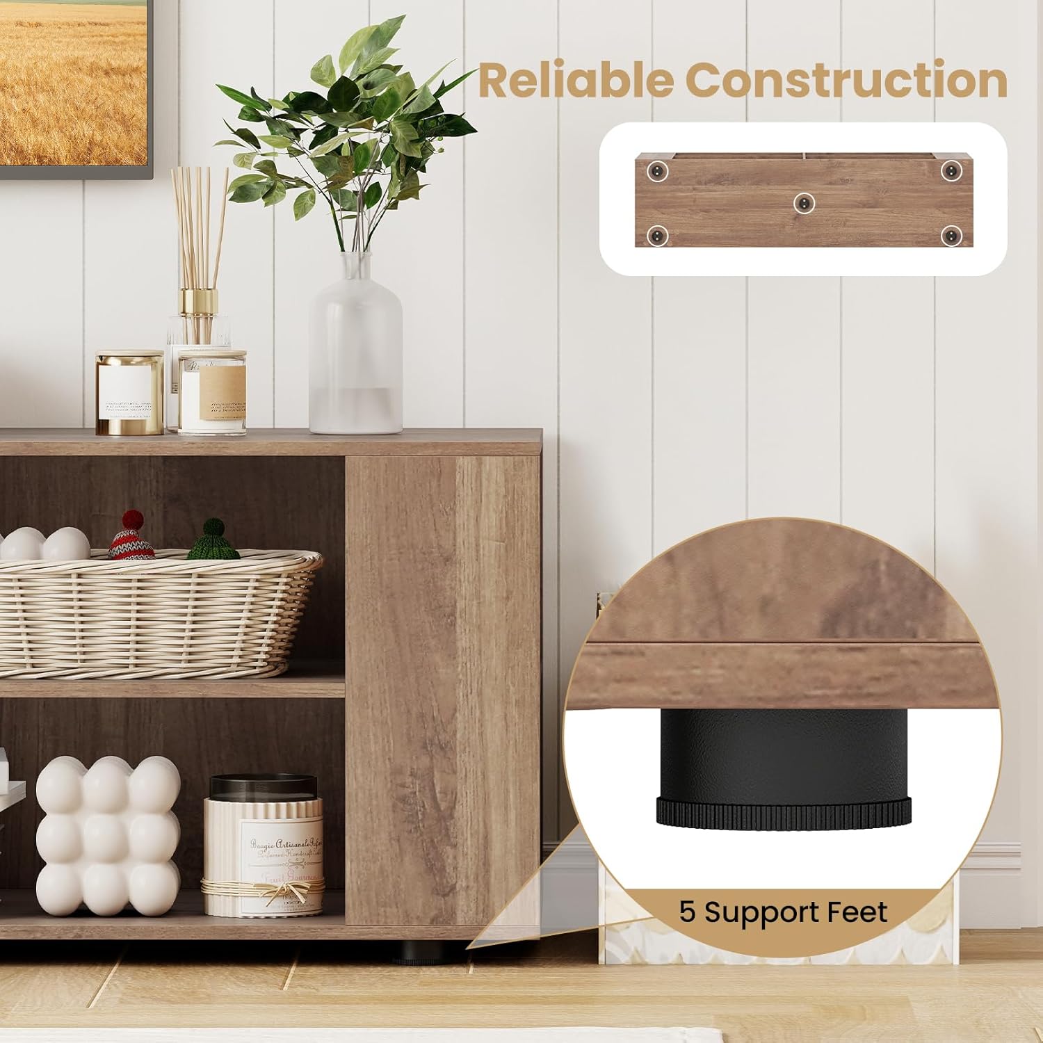 Tangkula Wood TV Stand for TVs up to 65 Inch Flat Screen, Modern Entertainment Center with 8 Open Shelves, Universal TV Storage Cabinet for Living Room Bedroom, TV Console Table (Warm-Grey)