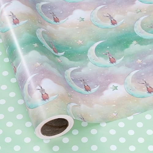 RUSPEPA Rollo de papel de regalo reversible, rollo jumbo, conejo lunar y patrón de puntos para envoltura de regalos neutros de bebé, fiesta de
