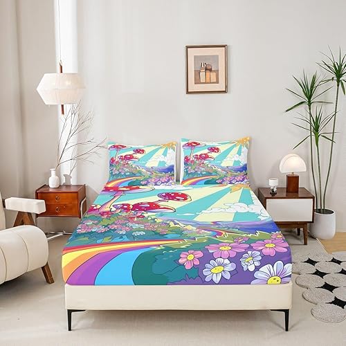 Miniatura 3 de Erosebridal Linda sábana bajera ajustable de hongos tamaño individual de los años 70 con diseño de arco iris para niños y niñas, vintage, retro, con
