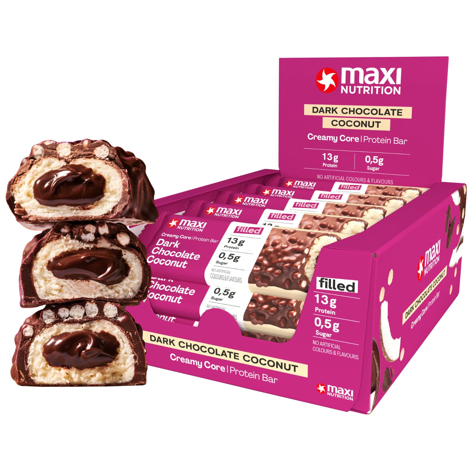 MaxiNutrition Creamy Core Protein Bar - Low in Sugar - 13g High Protein - Dark Chocolate Coconut, 189 kcal per Serving, 12 x 45g NO ARTIFICIAL COLOURS & FLAVOURS, NEW IMPROVED TASTE