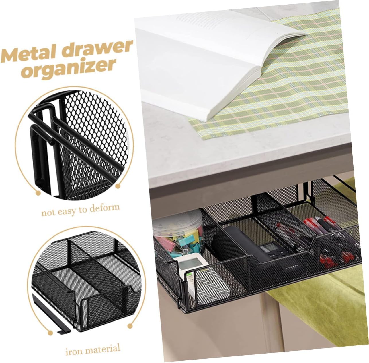 14.37 x 9.25 x 3.23in Black Metal Mesh Drawer Storage Box Organize Your Office