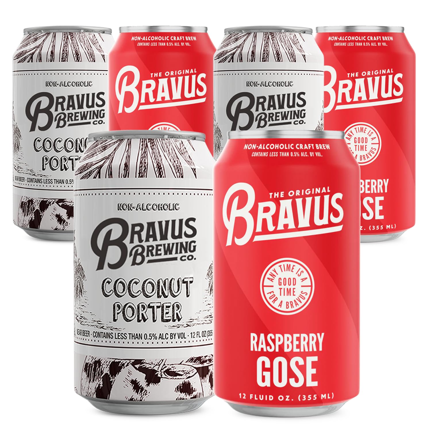 Bravus Non-Alcoholic Brew Limited Edition Mixed Sampler 6 Pack - Raspberry Gose, Coconut Porter - 12oz Beer Cans