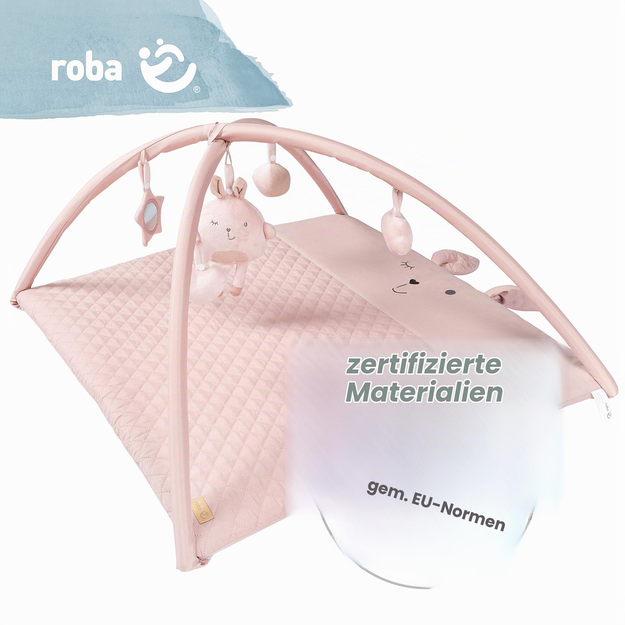 roba Baby Krabbeldecke mit Spielbogen roba Style - 5 Spielelemente - Hasen Motiv - Activity Spieldecke nutzbar als Wickelauflage - 85 x 75 cm - Rosa