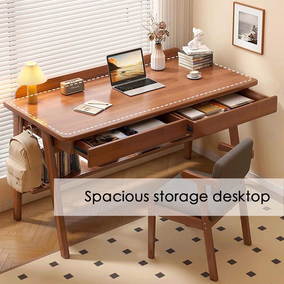 Massivholz Schreibtisch mit 2 Schubladen – Mid-Century Computertisch für Homeoffice, 80/100120 cm Arbeitstisch mit Ablage und Haken, stabiler PC-Tisch für Studenten (Nussbaum, 80cm)