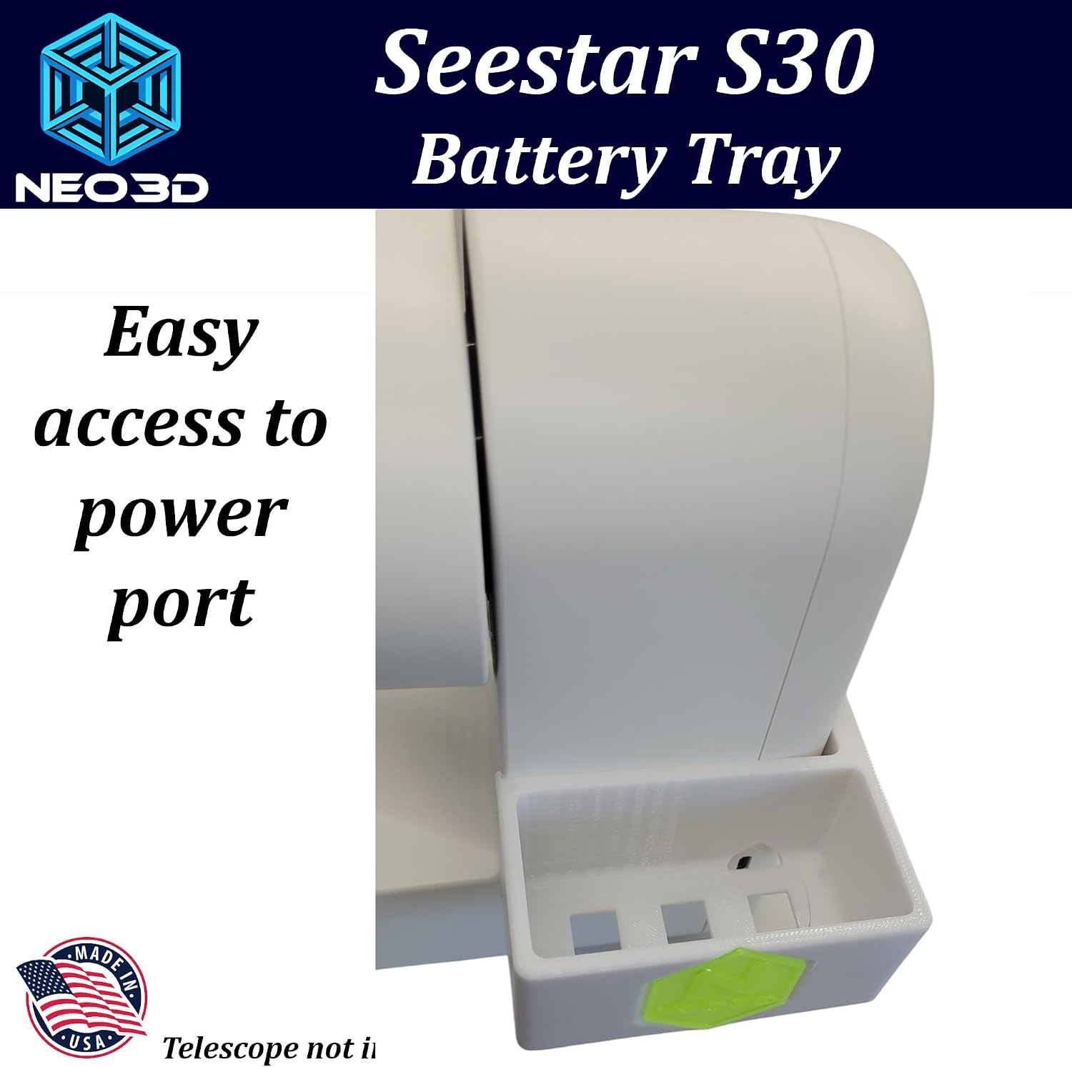 Seestar S30/S30 Pro Battery Tray with Glow in The Dark, Accessory Tray, ZWO, (S30TrayGlowWhite)