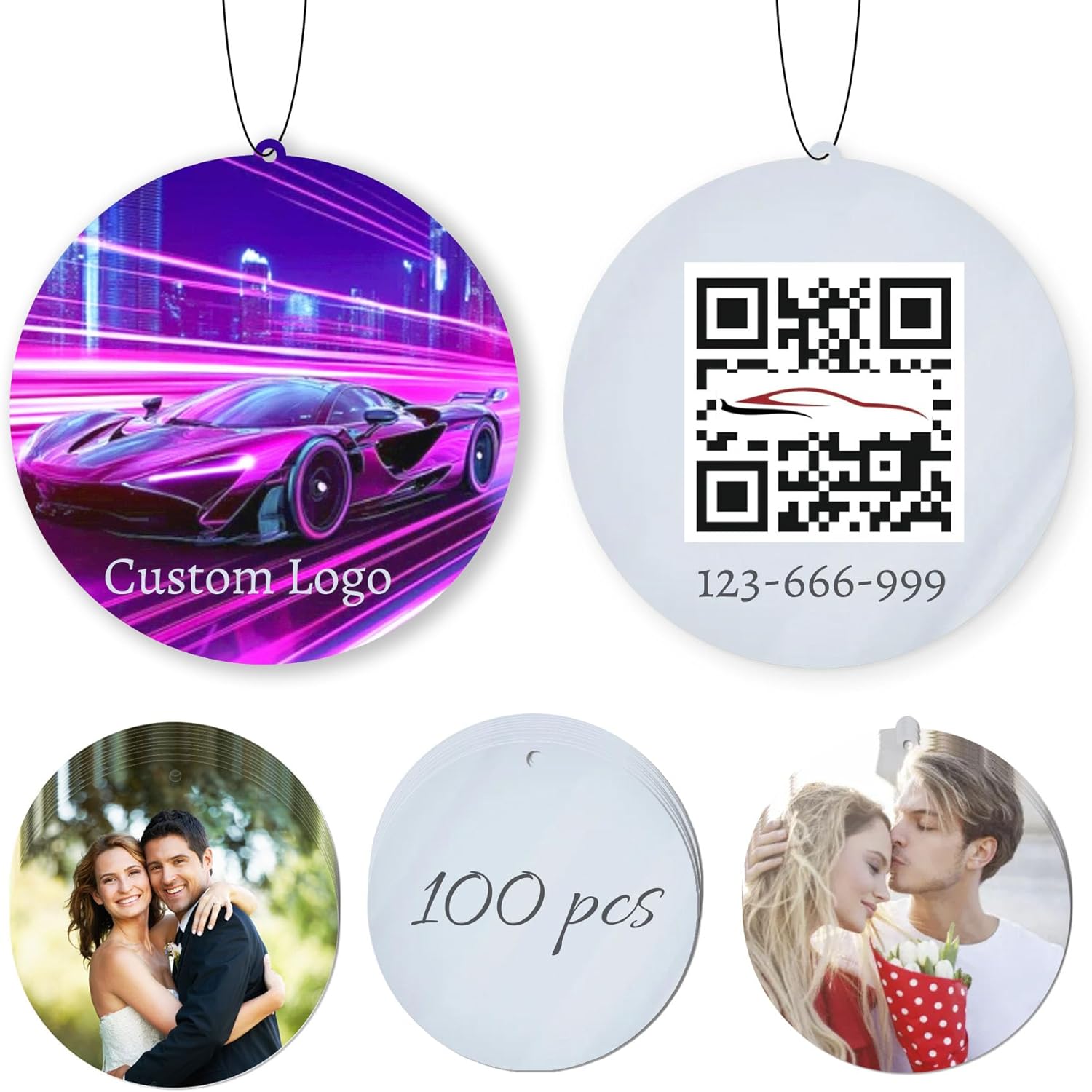Custom Logo Air Freshener for Car Bulk, Wholesale Personalized Double-Sided Car Air Fresheners with Photo/Business Logo/Text, for Weddings, Commercial, Partners Gifts (Round, 100pcs)
