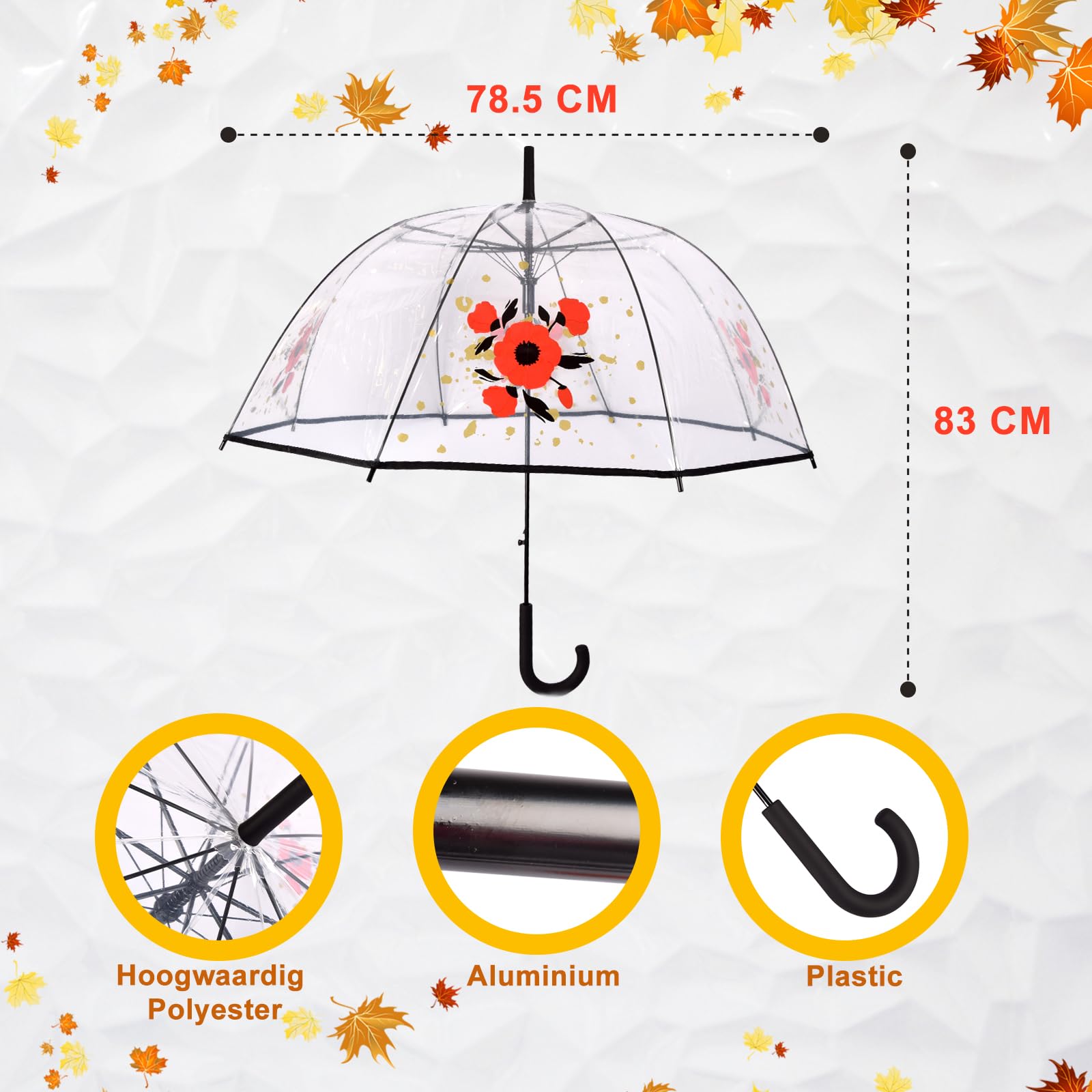 Parapluie Dôme à Motif Floral, Lot de 4, Parapluie Pluie Transparent, 86cm de Diamètre, 8 Côtes, Unisexe, Ouverture Automatique, Transparent, 84X86cm