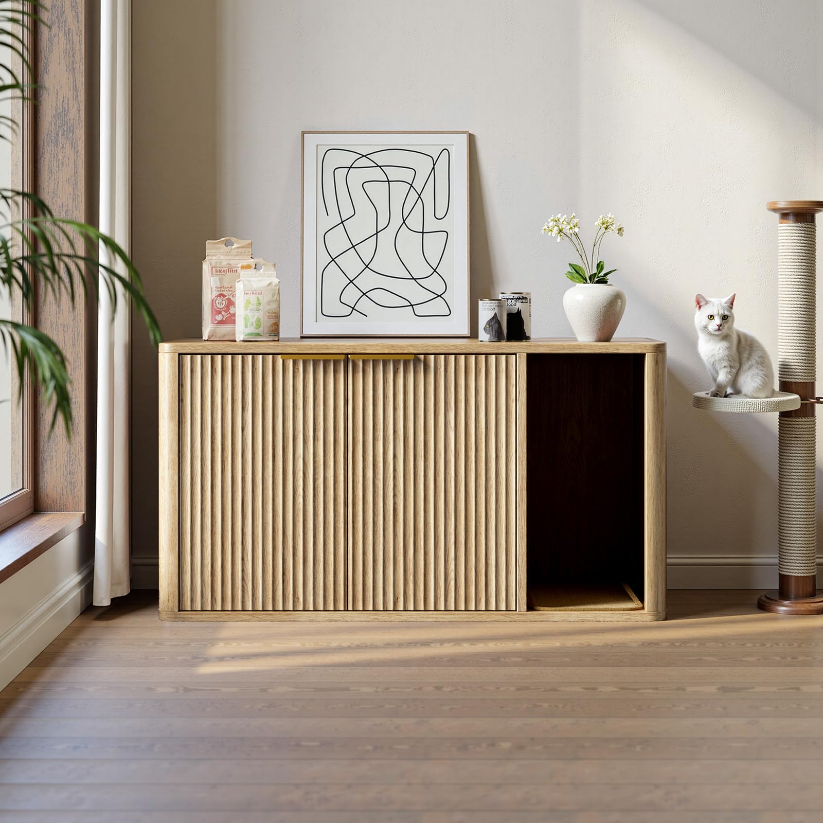 Katzenklo Schrank 90x50x50 cm, Katzenschrank für Katzentoilette aus Holz mit Kratzmatte, Verstecktes Katzenklo Haus für Wohnzimmer, Flur und Schlafzimmer, Buche
