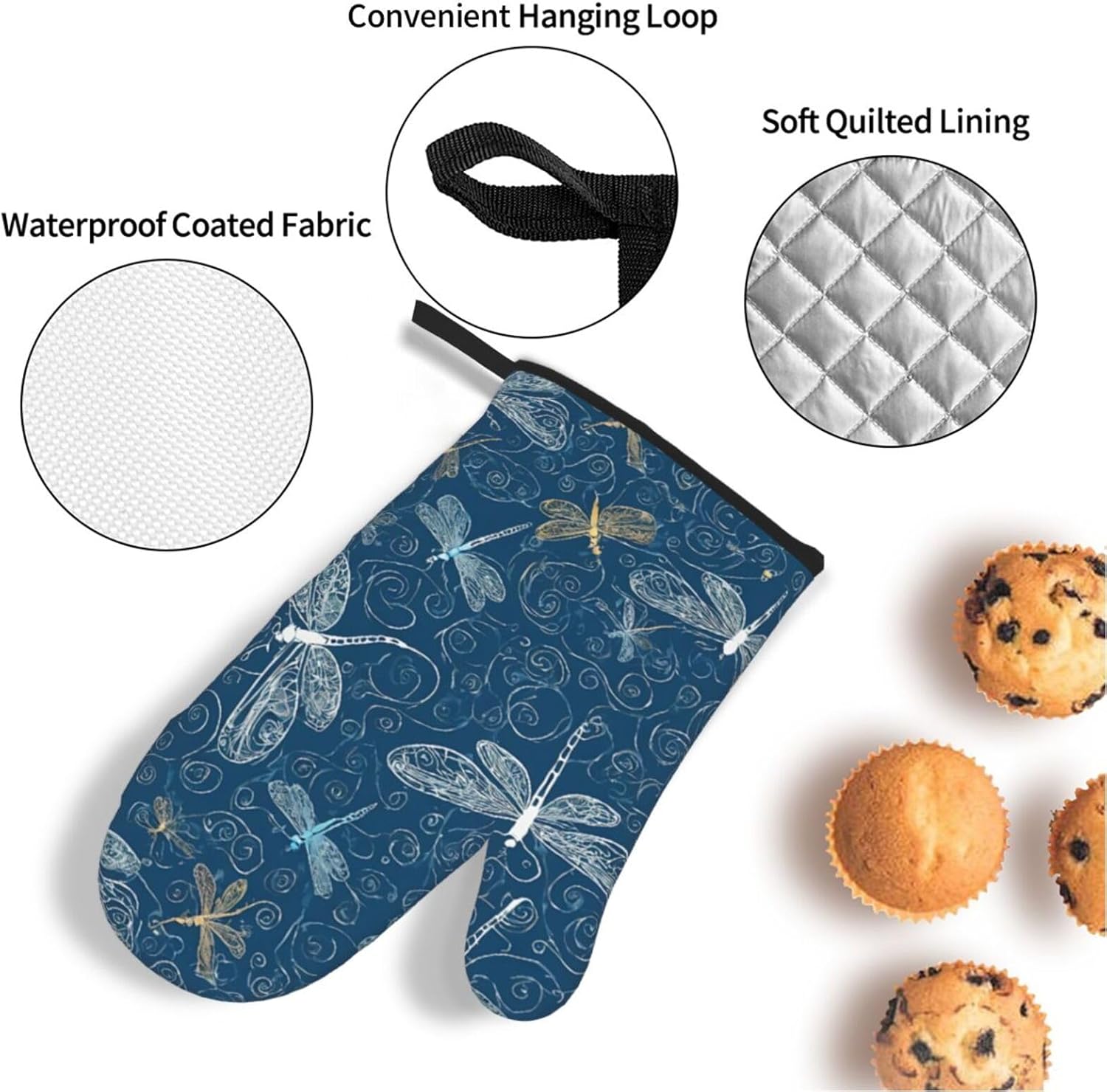 (Blue Dragonfly) Baking 4-Piece Set: 2 Oven Mitts and 2 Pot Holders Heat Resistant Waterproof Hanging Loop for Kitchen Oven Grill Housewarming Gifts