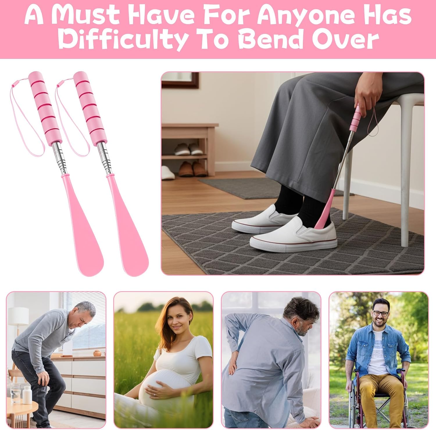 Amaxiu 2 Pcs Shoe Horn Long Handle Retractable, Stainless Steel Shoehorn