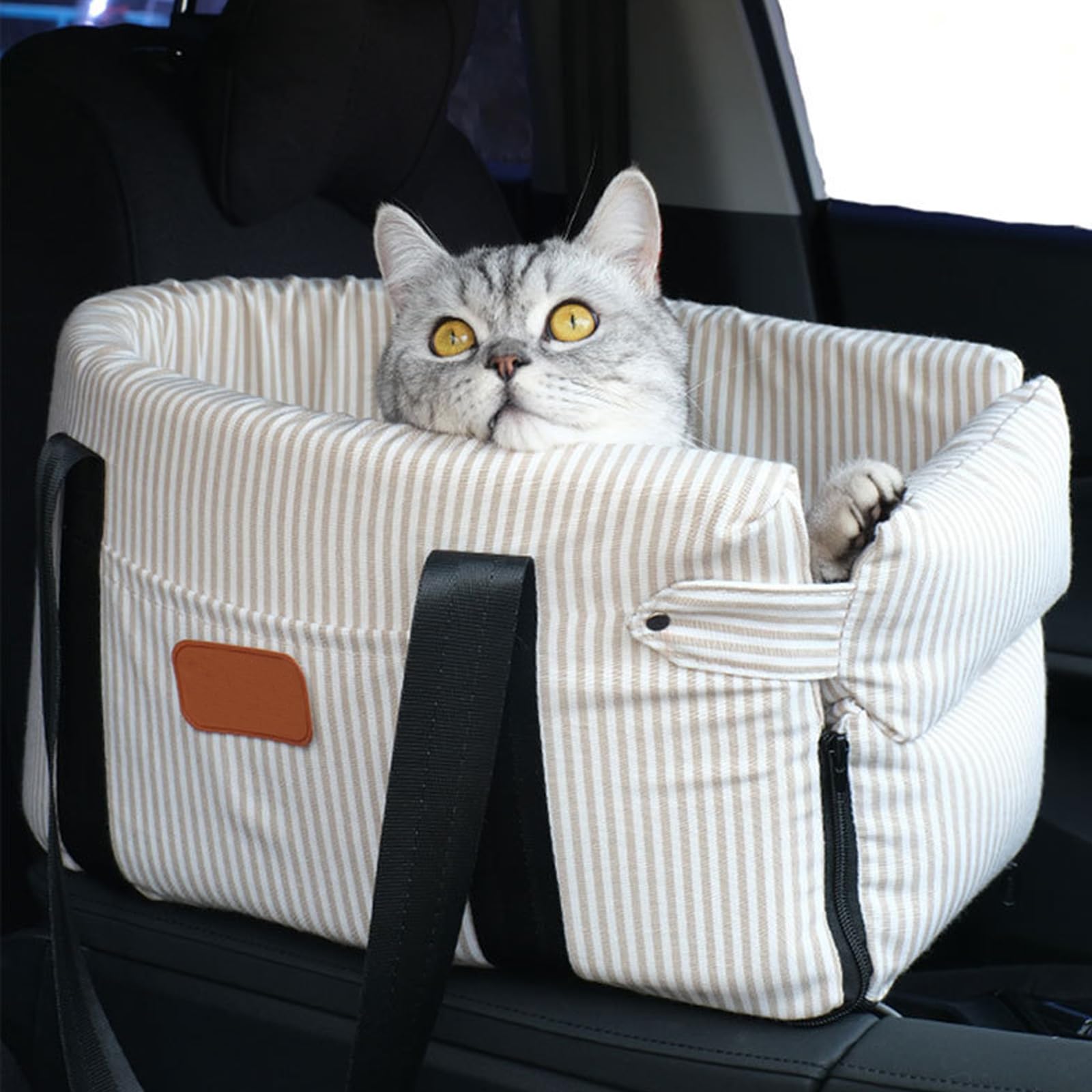 Consolle Centrale Seggiolino Auto per Cani Gatti Seggiolino Auto per Braccioli per Animali Domestici Lavabile e Staccabile con Corda di Sicurezza per Viaggi,in Uscita,Beige Stripes