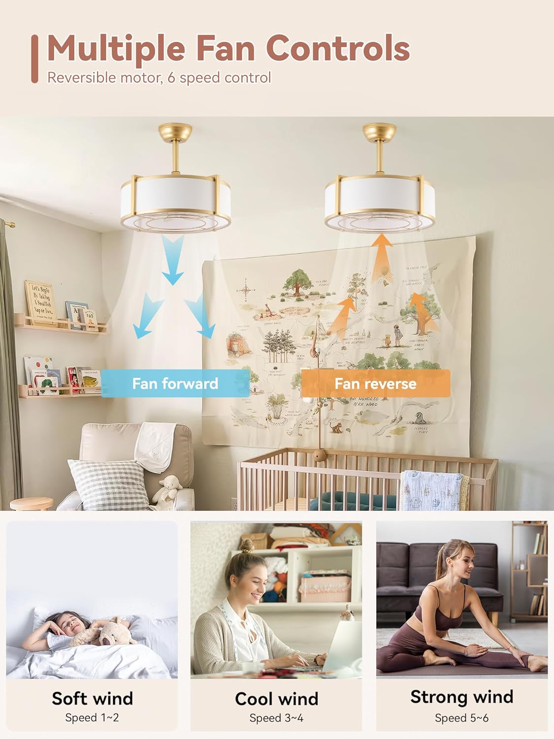 20" Gold Fandelier Ceiling Fans with Lights, Boho Rattan Ceiling Fan with Light Remote Control, Caged Mid-Century Modern with 6 Speeds for Bedroom, Nursery, Living Room