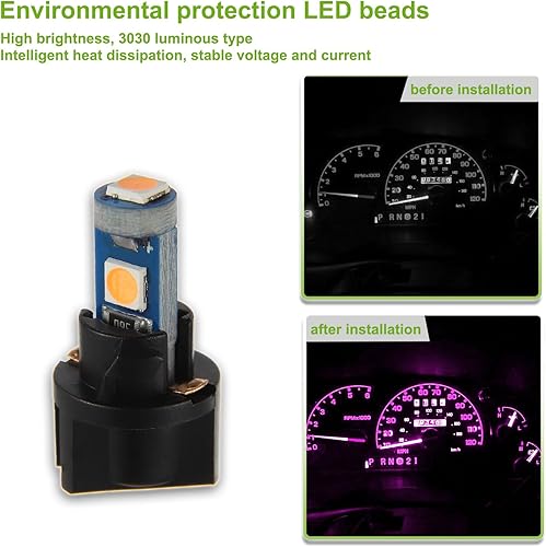 Miniatura 6 de T5 3SMD Rosa LED 3030 DC 12V PC74 PC37 PC2721 Ancho del vehículo Indicato Luz de lectura Luz de etiqueta con enchufes giratorios (paquete de 20