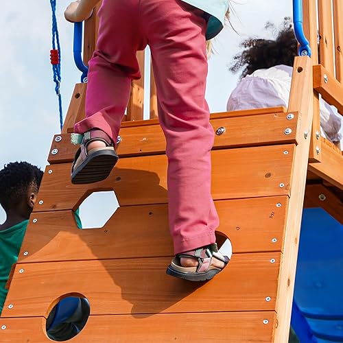 Miniatura 9 de Juegos de columpios de madera para patio trasero, juegos de patio trasero con tobogán, caja de arena, pared de escalada y 2 columpios de cinturón,