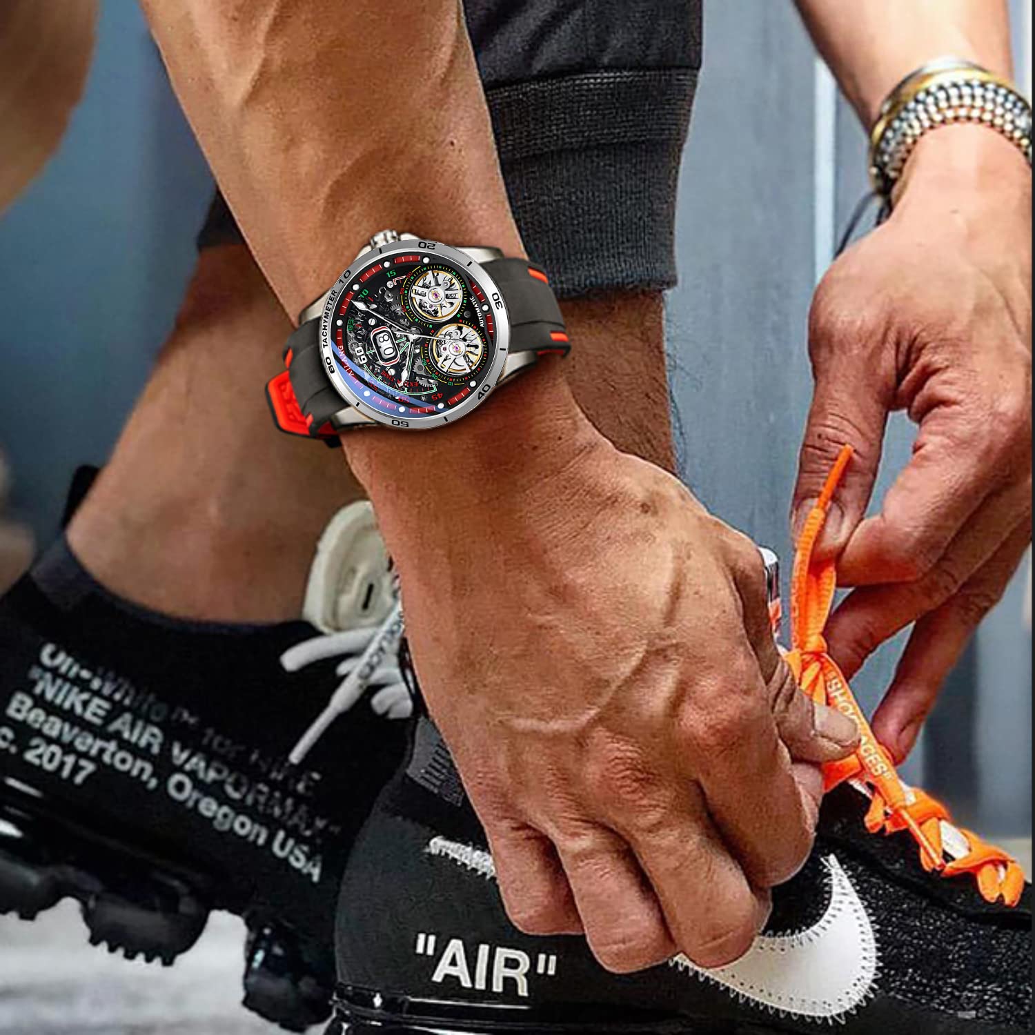 TEINTOP Reloj mecánico automático de los hombres de los relojes del esqueleto con ruedas de equilibrio dual, Plata y rojo., Casual