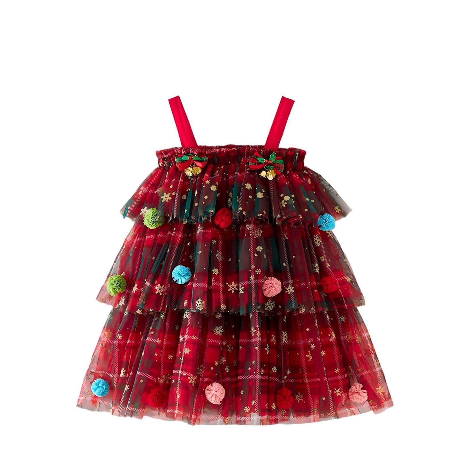 Vestido de Navidad para Niñas Pequeñas Disfraz Arbol de Navidad Niñas Vestidos Sin Mangas de Tul 3 Capas Brillante Vestidos con Lentejuelas de Estrella y Pompones Traje Navideño 0-8 Años