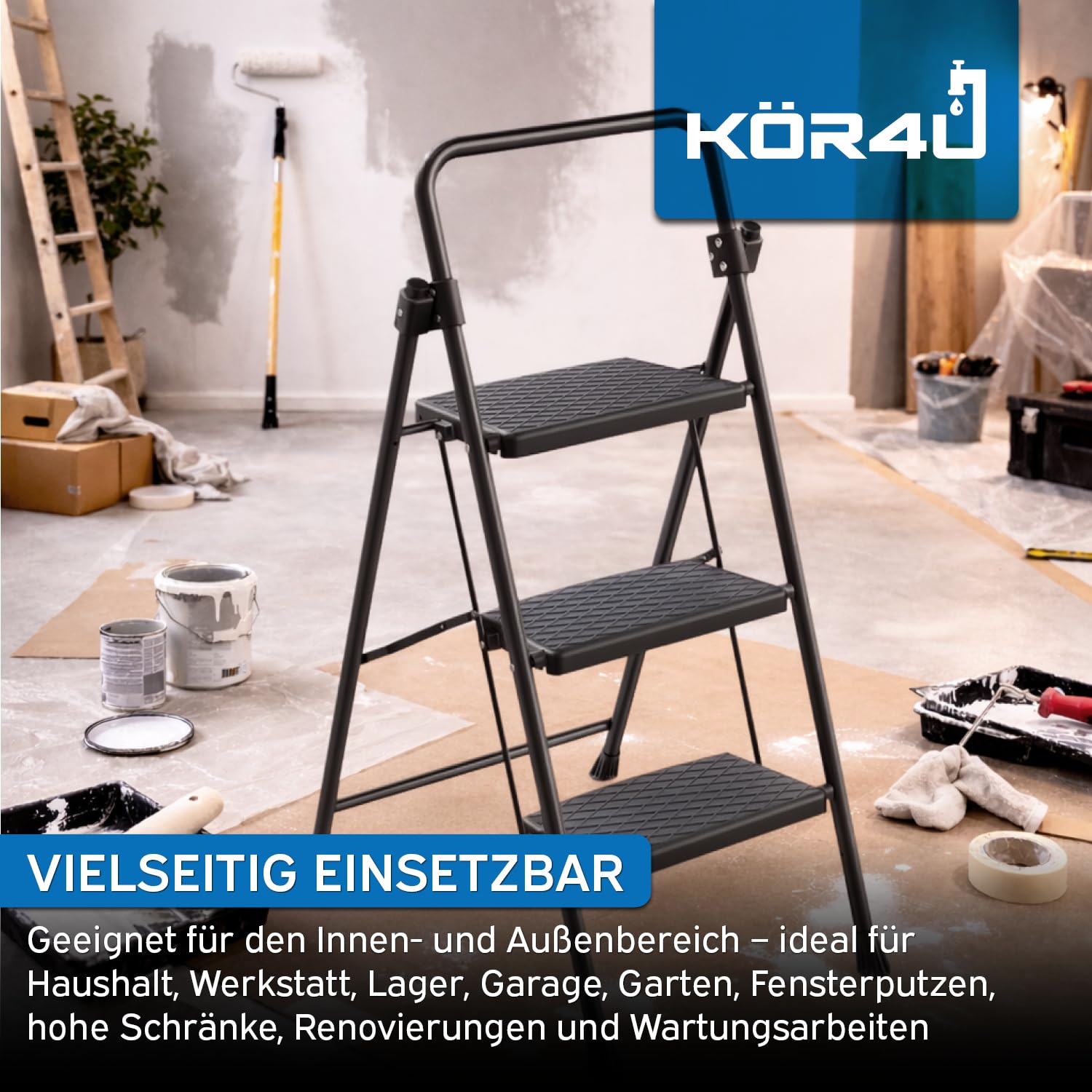 kör4u Trittleiter 3 Stufen - 150 kg belastbar - Standhöhe ca. 75 cm, klappbar, rutschfeste Stufen, Stahlrahmen, Haushaltsleiter, schwarz