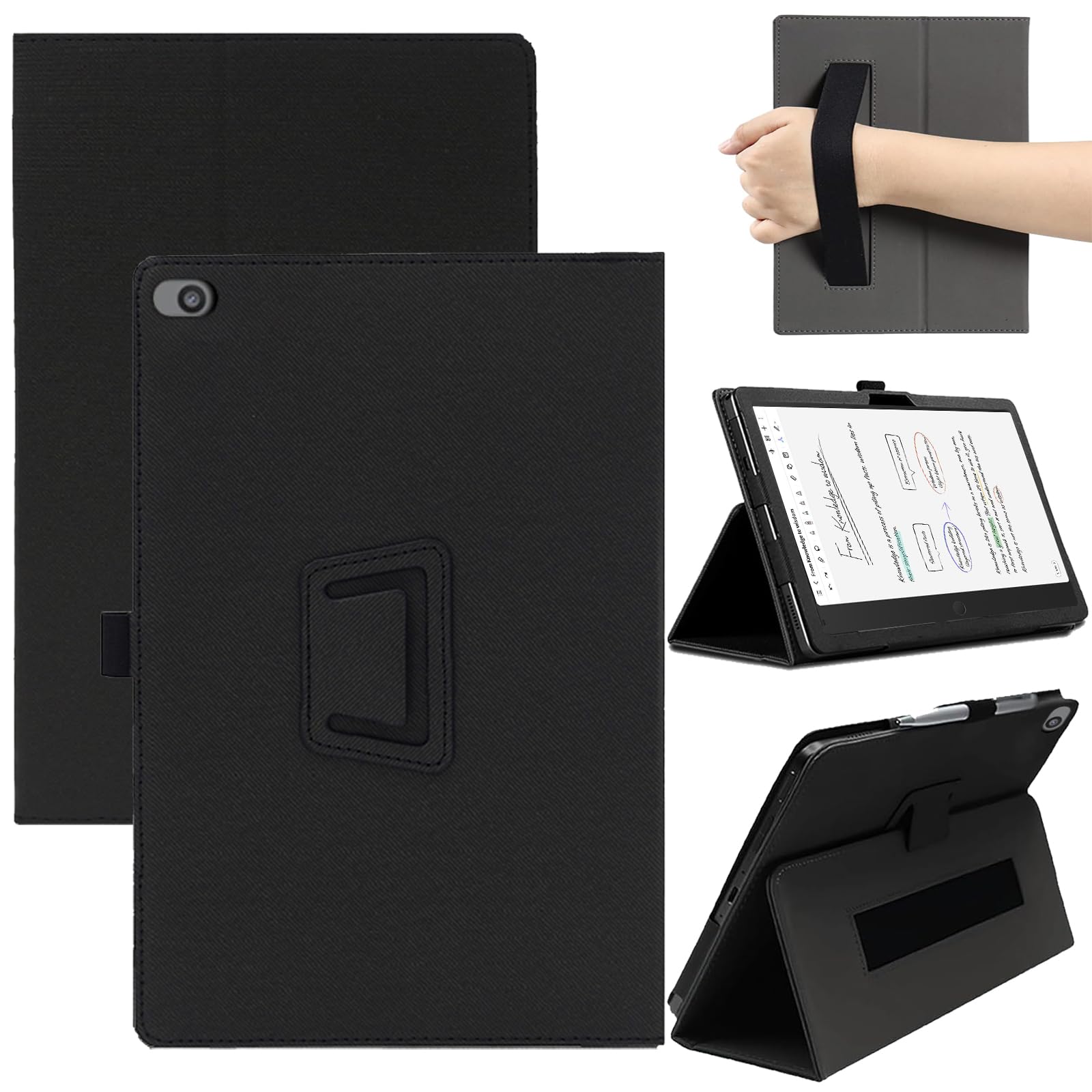 Case for TCL Note A1 NXTPAPER with Pencil Holder and Wrist Strap, Full Coverage Soft PU Leather Folding Stand Folio Anti-Drop Shockproof Protective Cover, Black