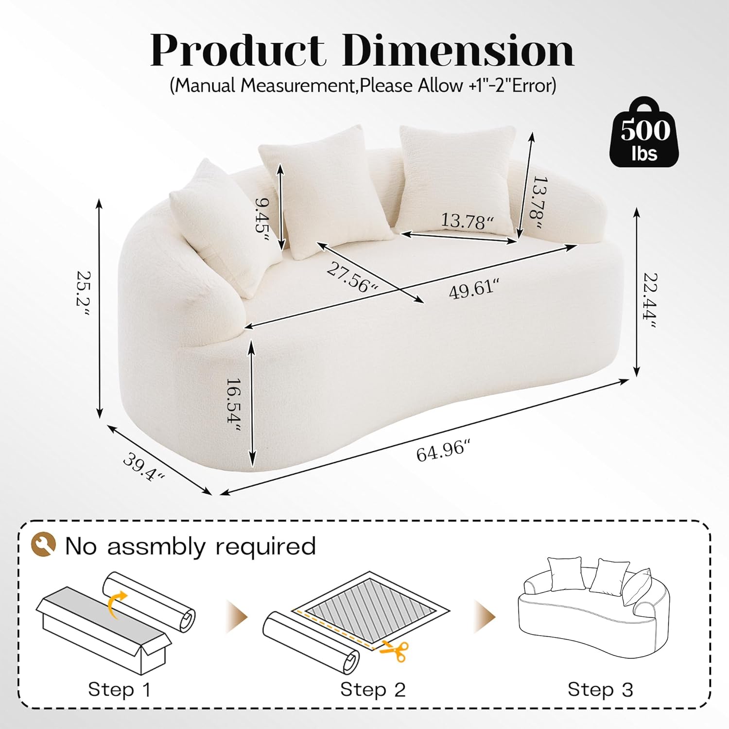 65" Curved Loveseat,Deep Seat Cloud Floor Couch with 3 Backrest,Cozy Chenille Fabric,Small Loveseat for Small Spaces,Bedroom,Office,Apartment (Cream White, 65 Inch)