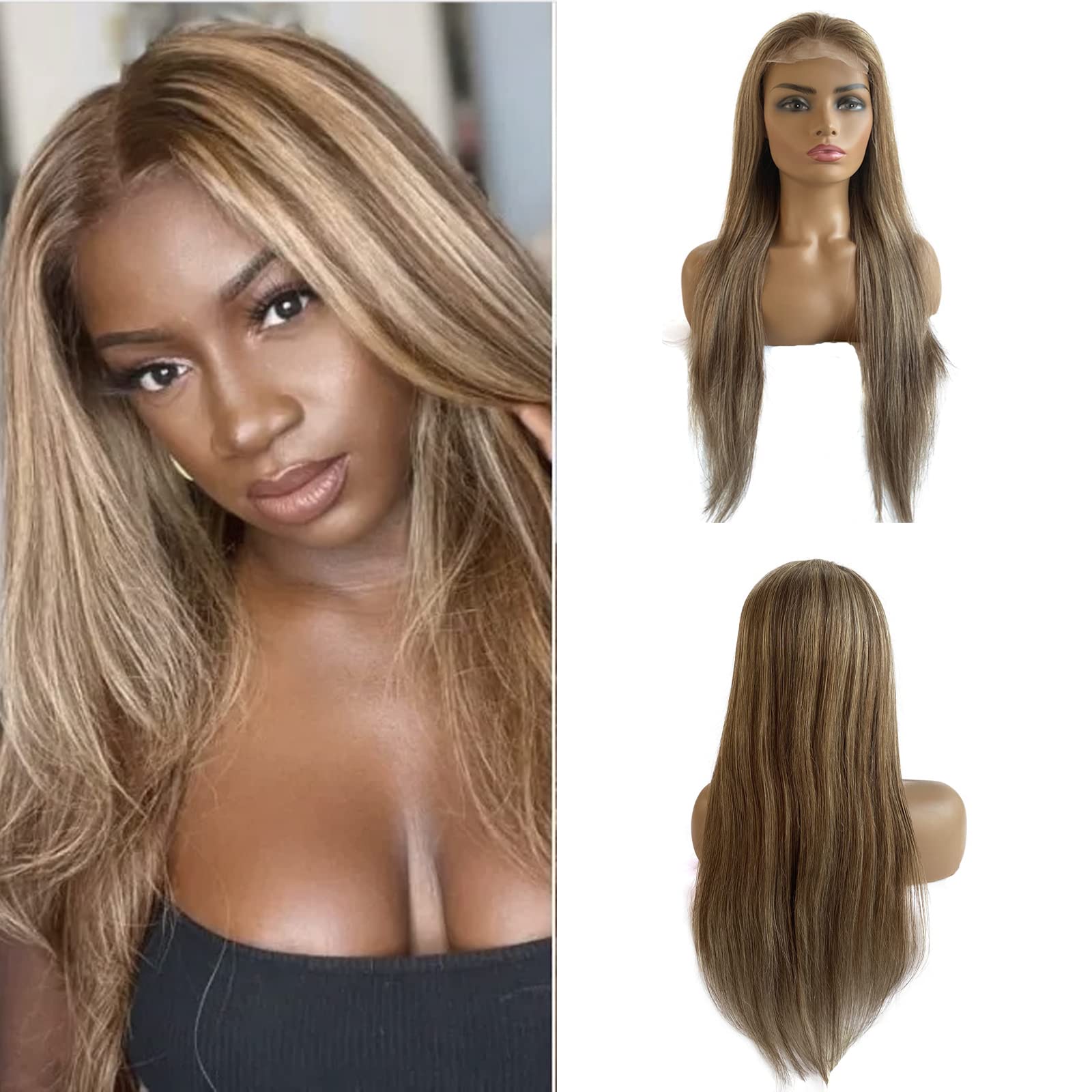 4*4 Highlight Lace closure Human Hair Wigs, Light Brown to Brown with Ash Blonde Ombre Straight Lace Front Wig 100% Remy Brazilian Hair for Women, Bleached Knots with Baby Hair Natural Hairline