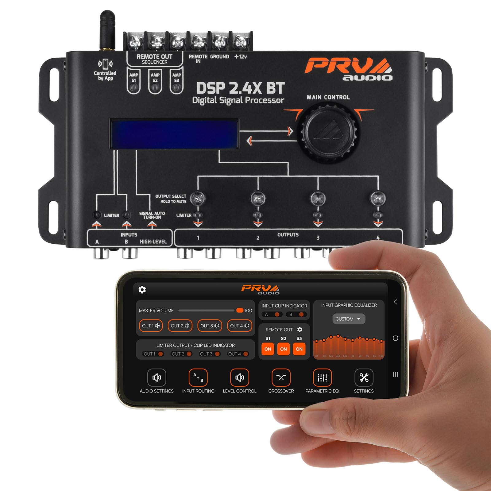 PRV AUDIO Car Audio Bluetooth DSP 2.4X BT – Crossover and Equalizer 4 Channel – Digital Signal Audio Processor DSP with Sequencer Remote Relay - High Level Speaker Input