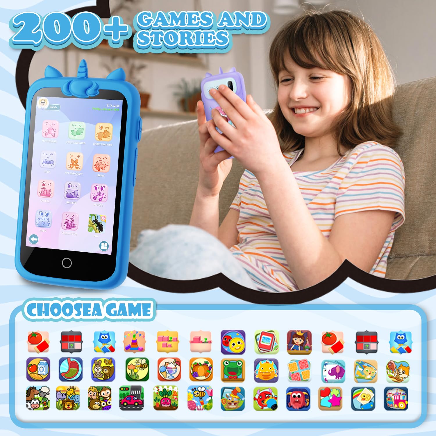 Kids Smart Phone Toys for Boys 3.97" Touchscreen Cell Phone for Kids Toddler Learning Gift Toys with Games Music Player, 8GB Card Blue - Image 2