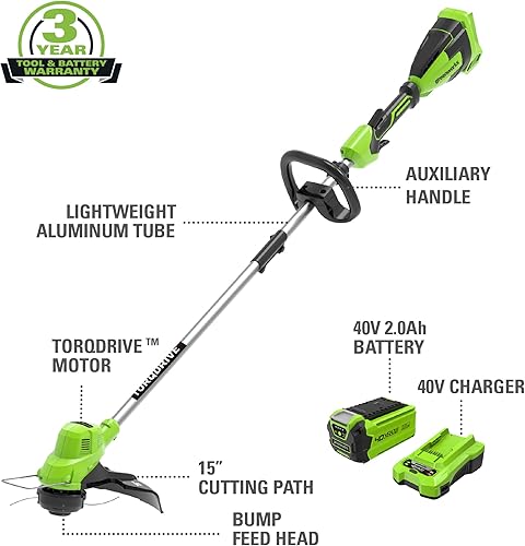 Miniatura 2 de Greenworks Cortadora de cuerda Torqdrive de 40 V y 15 pulgadas, batería de 2 Ah y cargador incluidos