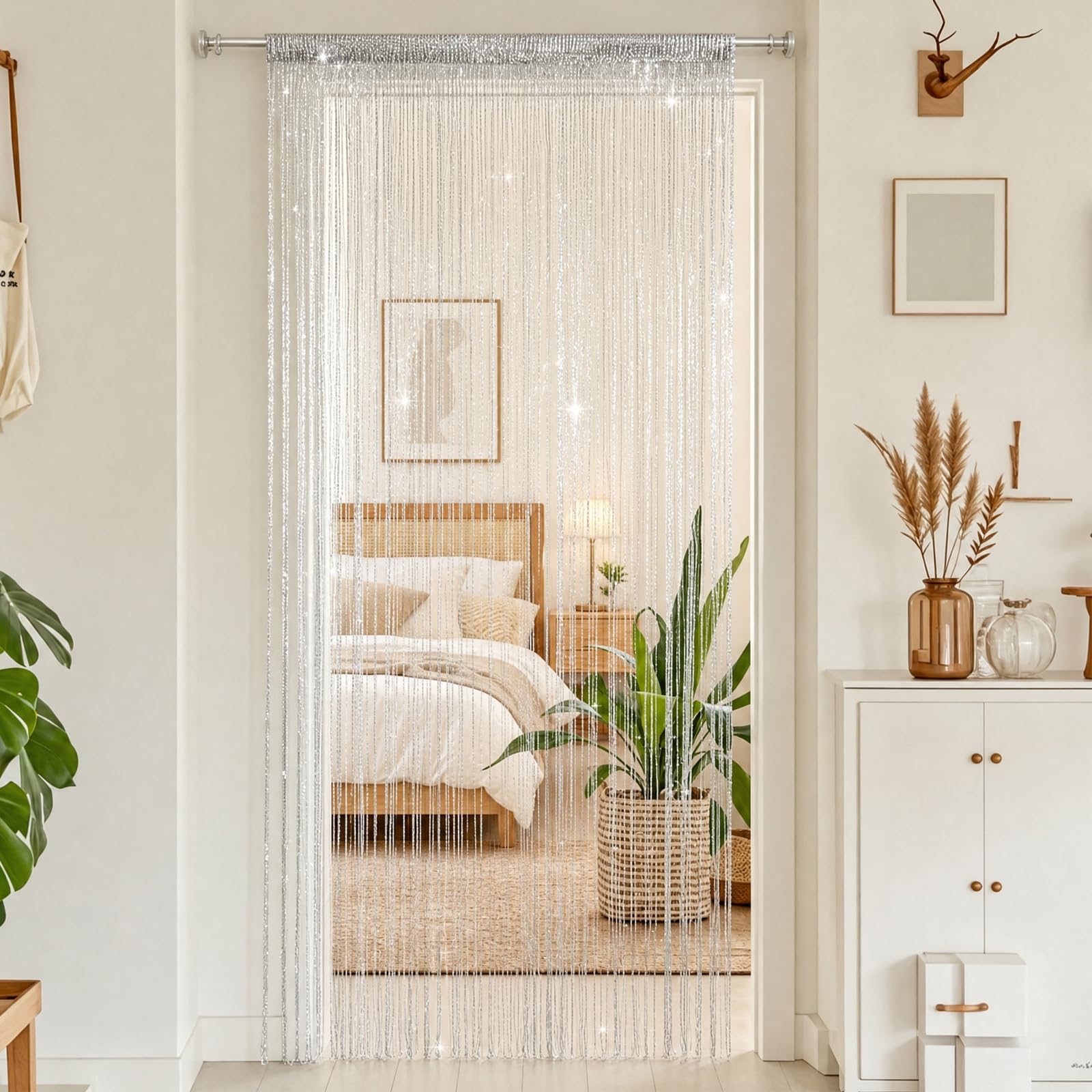 4 Tende a Fili per Porta, 100x200 cm Tende a Filo per Interni, Tenda Porta con Brillantini, Decorazione per Finestre, Divisori, per Matrimoni, Feste (bianco)