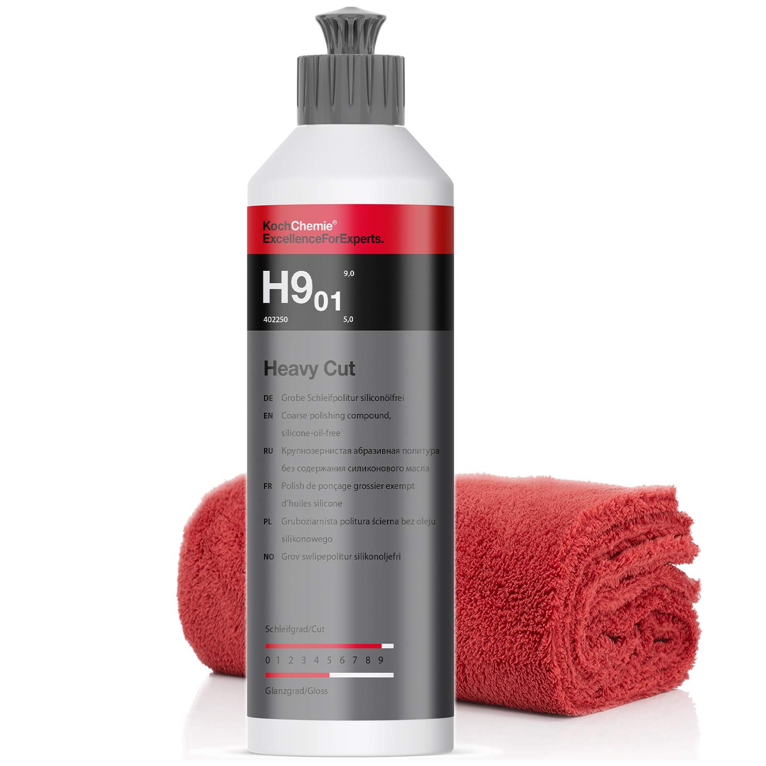 Koch Chemie - Juego de Abrillantador Heavy Cut Abrasive y Micro Cut Pulido Fino, 250 ml Cada Uno + 2 Paños de Microfibra, 40 x 40 cm, 550 g/m²