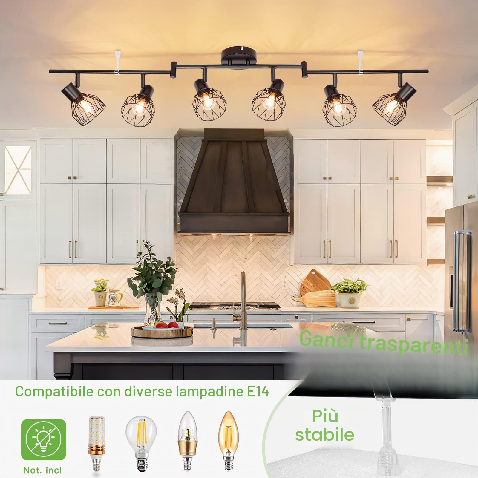Kimjo Plafoniera a LED 6 faretti orientabili, faretto da soffitto nero, lampada da soffitto, cucina, E14, plafoniera da soffitto, illuminazione da soffitto a LED, retrò applique da soffitto per