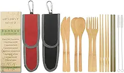 UPTRUST Conjunto de 2 talheres de bambu, utensílios de viagem de bambu, reutilizáveis, utensílios de bambu orgânico, garfo, colher, pauzinhos, escova de limpeza de palha, para viagem, piquenique